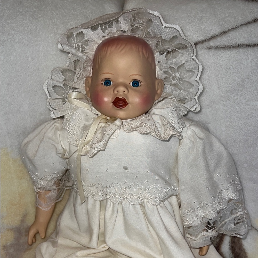 Vintage 1970’s Porcelain Baby Doll In Christening Dress.